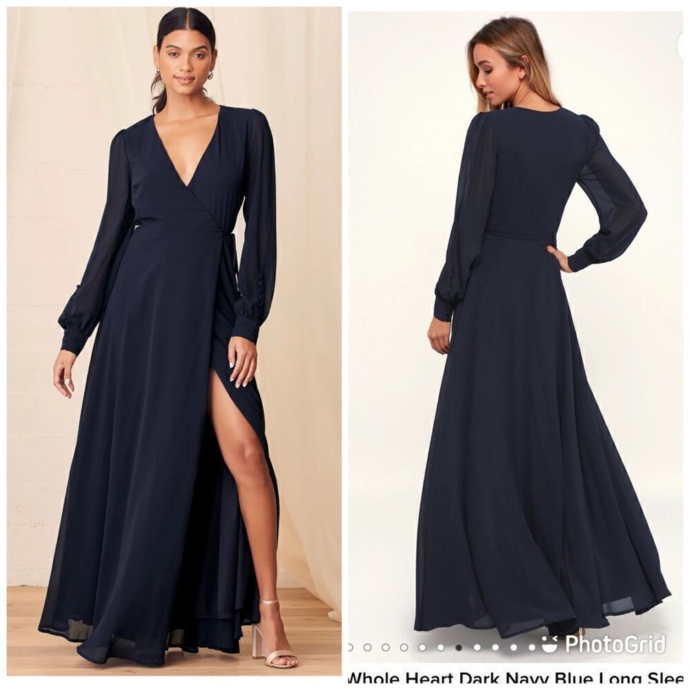 Lulus My Whole Heart Dark Navy Blue Long Sleeve Wrap Dress Sz- Small